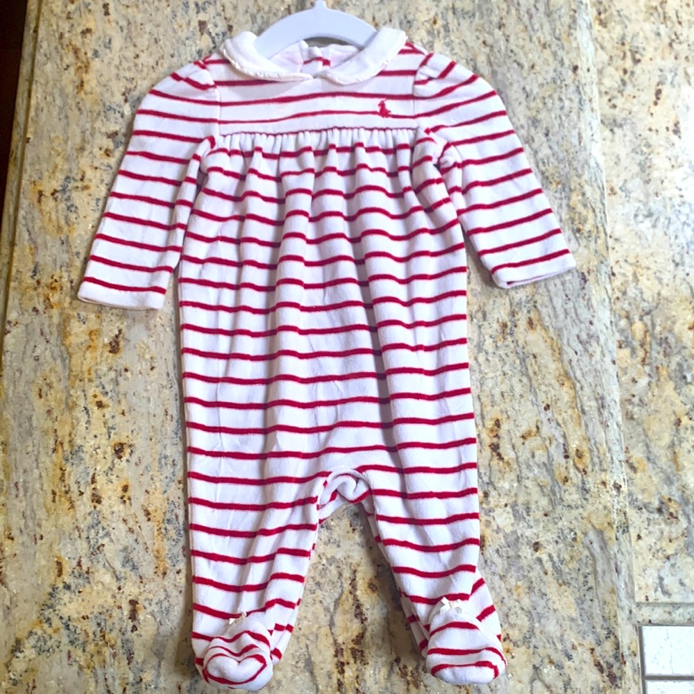 Ralph Lauren Velour White/Red Striped Collared Footie / Footed Onesie Sz 3M